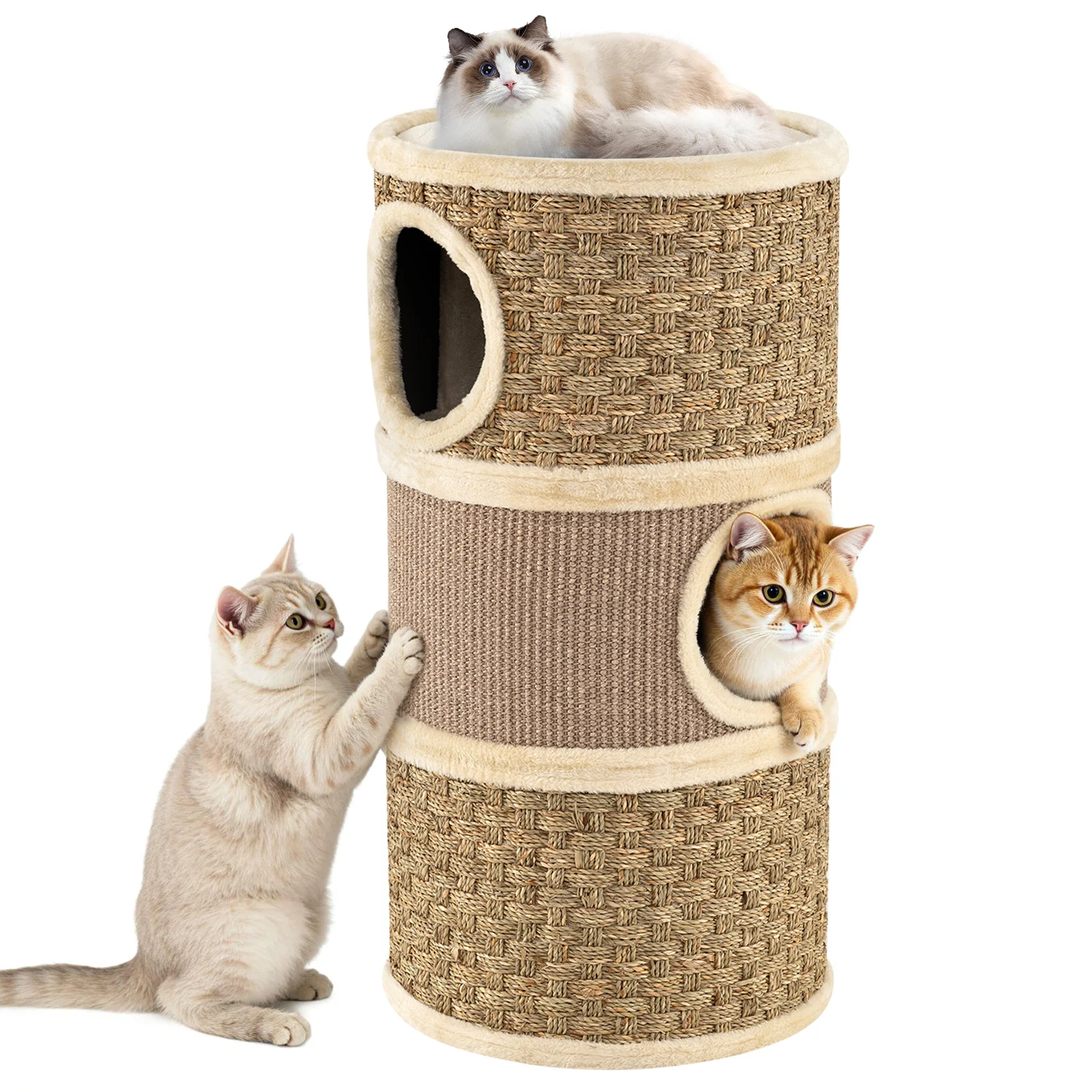 3-Story Cat Condo 28 Inch Multi-level Cat Hideaway with Sisal Scratching Pad, Brown - Image 4