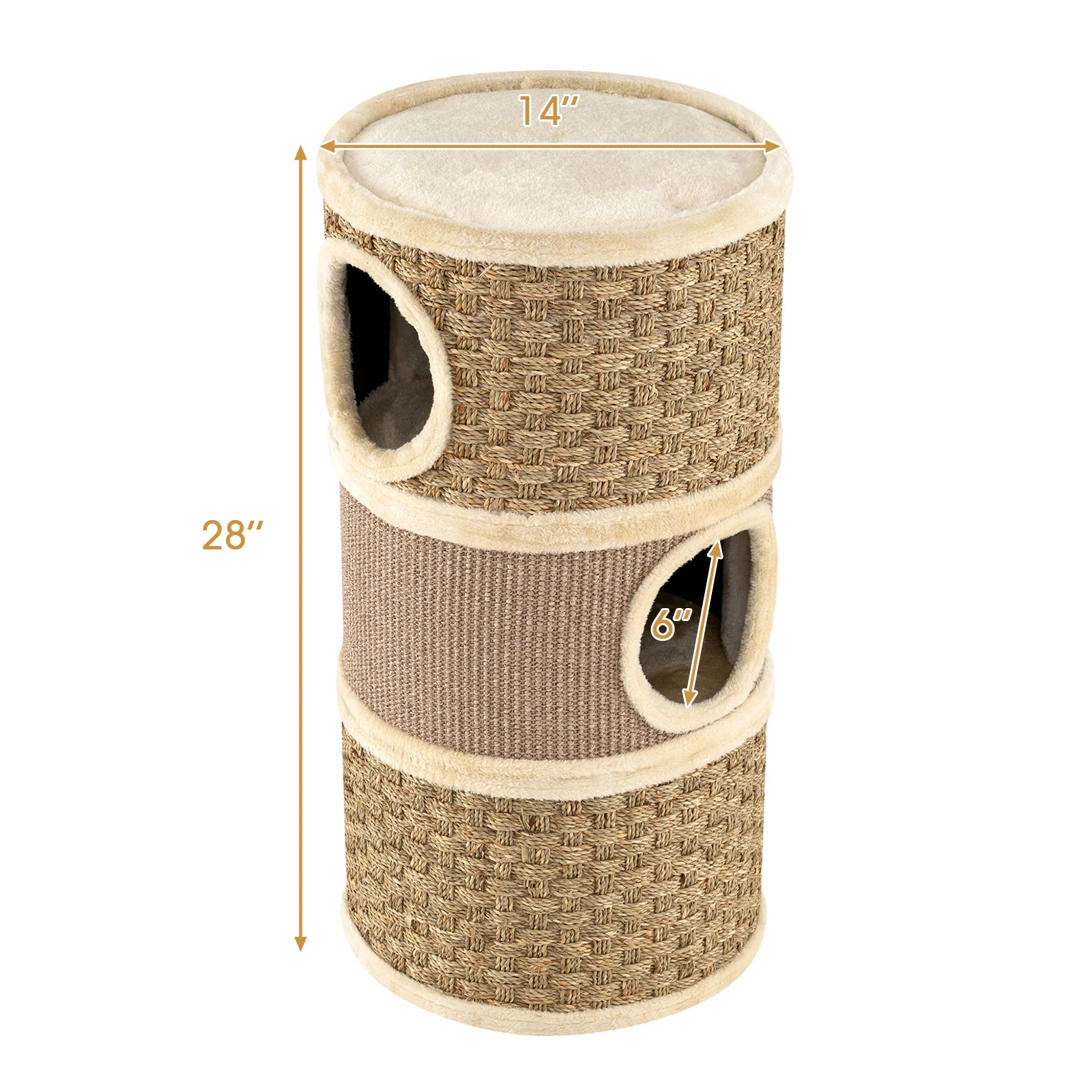 3-Story Cat Condo 28 Inch Multi-level Cat Hideaway with Sisal Scratching Pad, Brown - Image 6