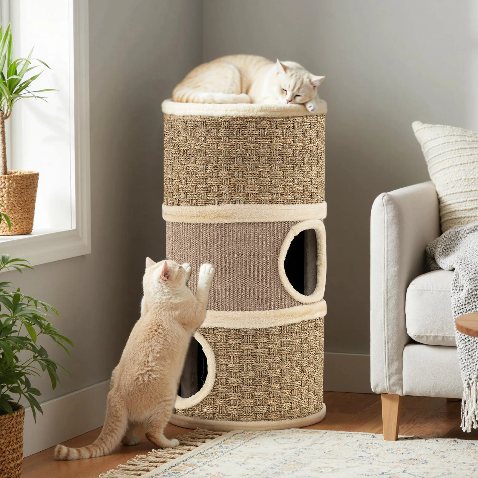 3-Story Cat Condo 28 Inch Multi-level Cat Hideaway with Sisal Scratching Pad, Brown - Image 7