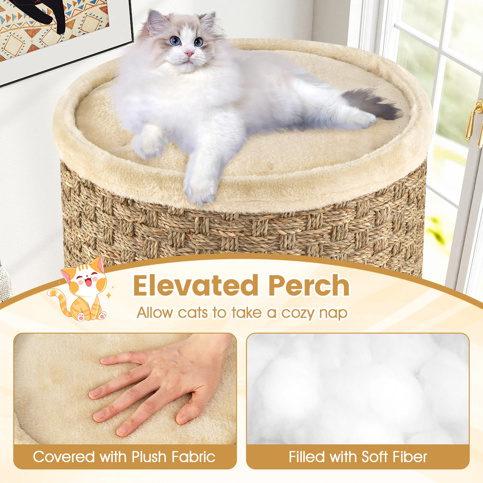 3-Story Cat Condo 28 Inch Multi-level Cat Hideaway with Sisal Scratching Pad, Brown - Image 8