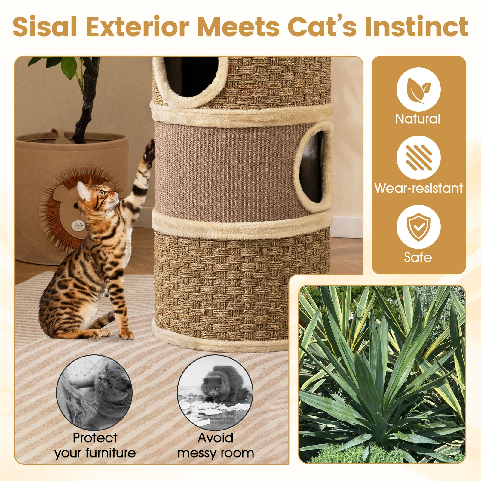 3-Story Cat Condo 28 Inch Multi-level Cat Hideaway with Sisal Scratching Pad, Brown - Image 9