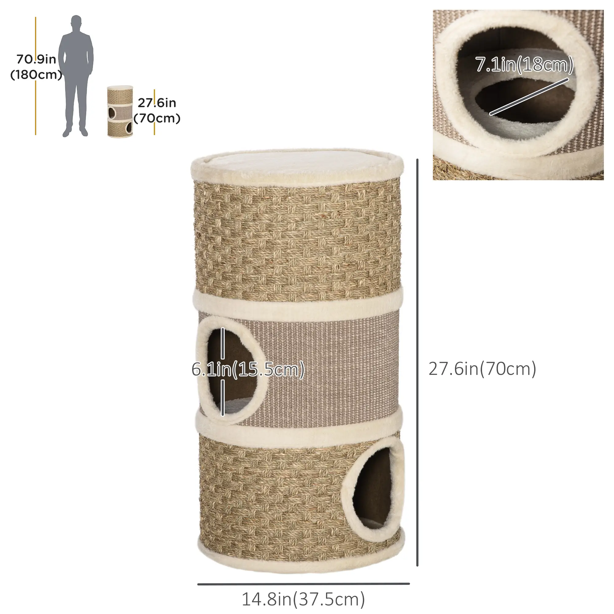 3 Story Cat Condo with Sisal Scratching Surface, 15" x 28", Khaki Brown - Image 3