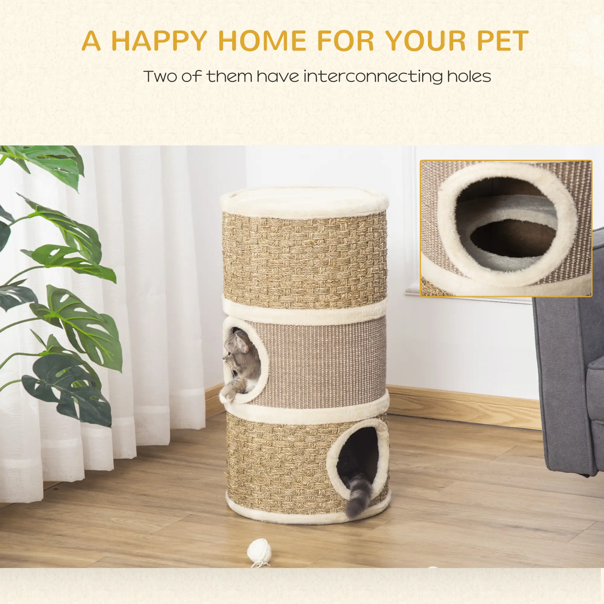3 Story Cat Condo with Sisal Scratching Surface, 15" x 28", Khaki Brown - Image 4