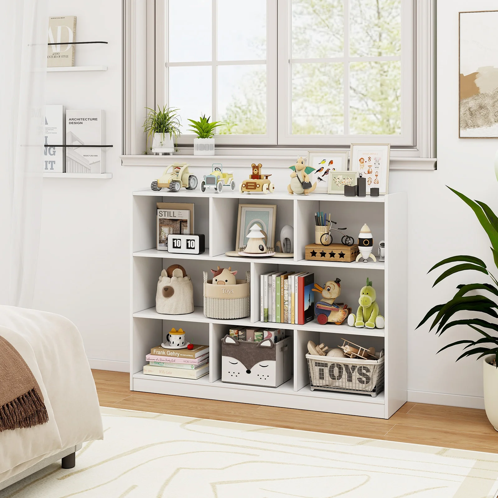 3-Tier 8-Cube Bookcase, Floor Standing Storage Shelves, White - Image 2