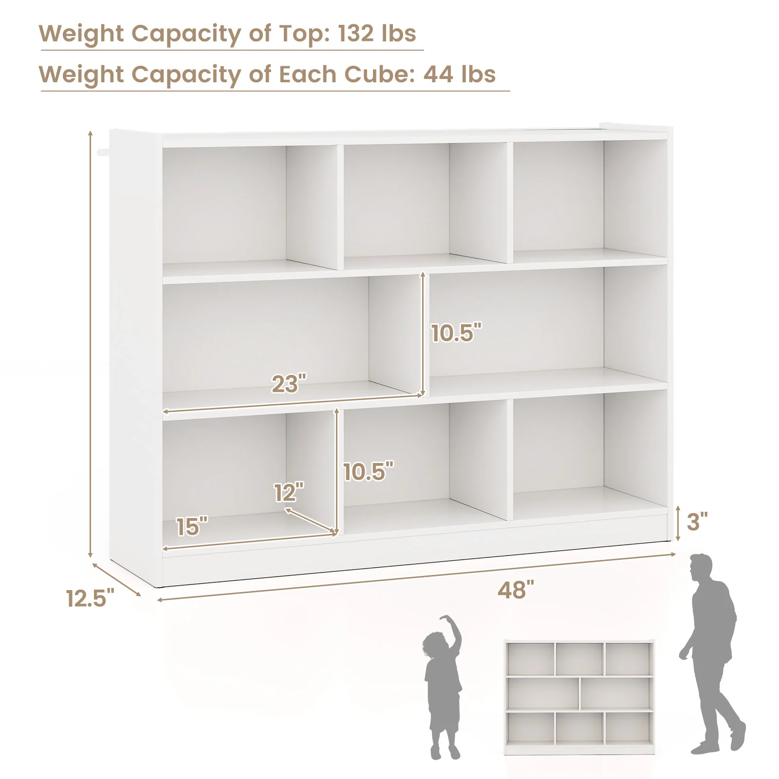 3-Tier 8-Cube Bookcase, Floor Standing Storage Shelves, White - Image 4