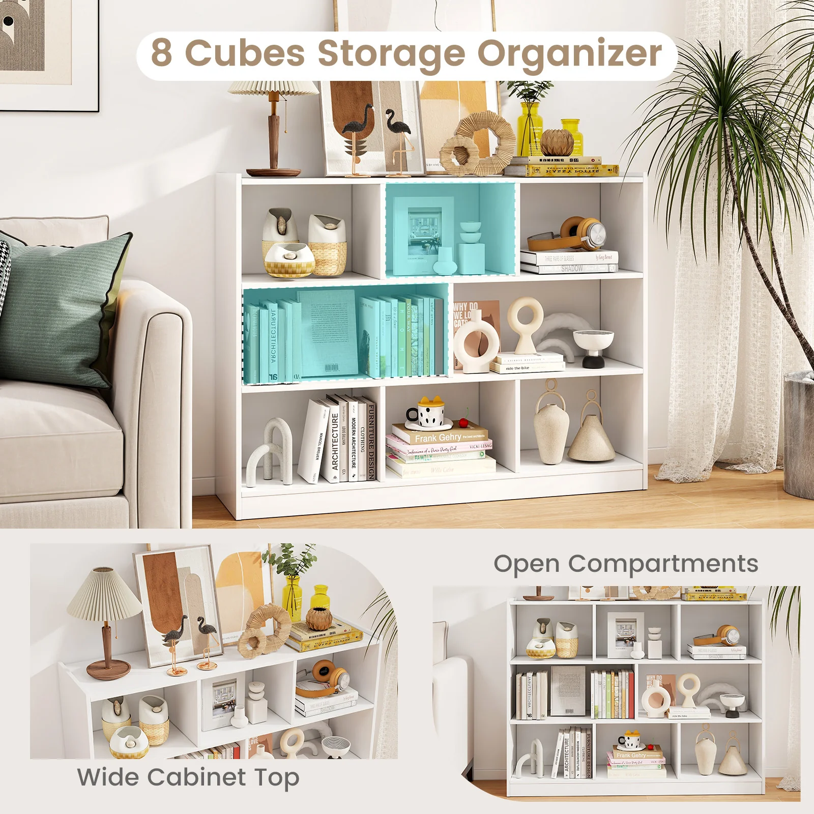 3-Tier 8-Cube Bookcase, Floor Standing Storage Shelves, White - Image 5