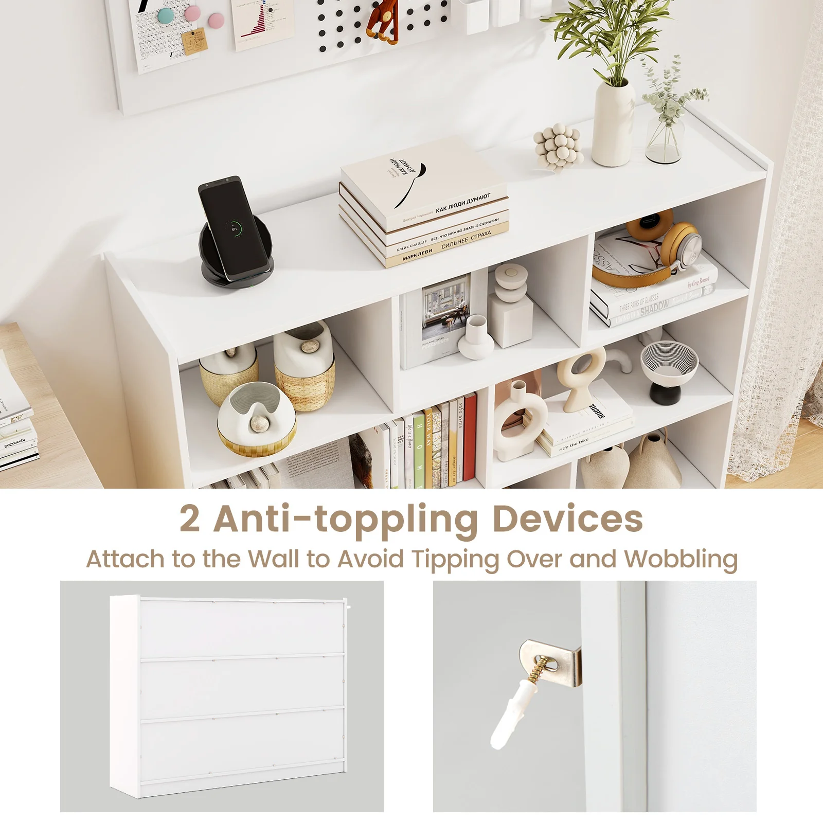 3-Tier 8-Cube Bookcase, Floor Standing Storage Shelves, White - Image 6