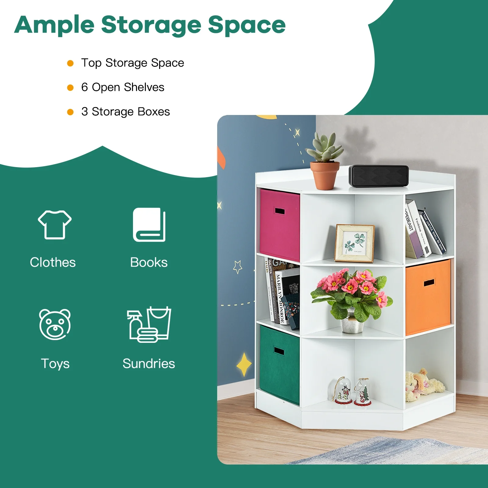 3-Tier 9-Cubby Kids Storage Shelf, White - Image 6
