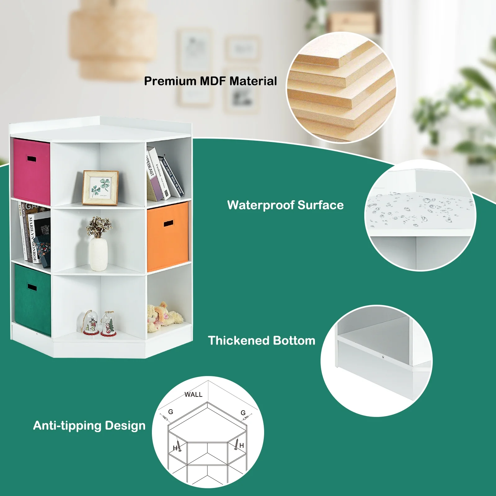 3-Tier 9-Cubby Kids Storage Shelf, White - Image 9