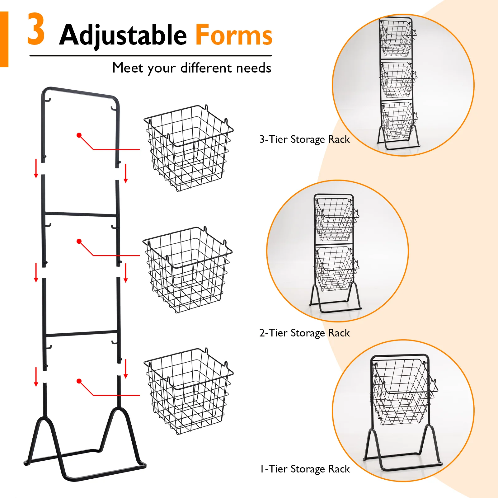 3-Tier Adjustable Fruit Basket Stand, Black - Image 7