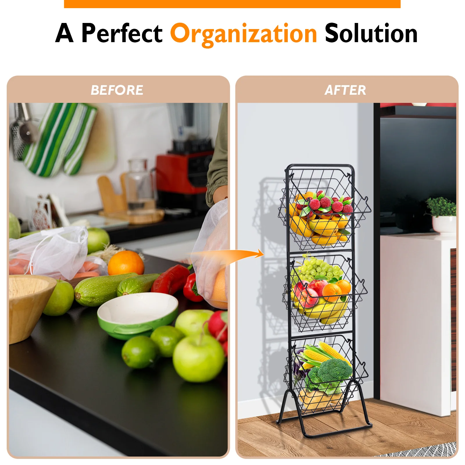 3-Tier Adjustable Fruit Basket Stand, Black - Image 8
