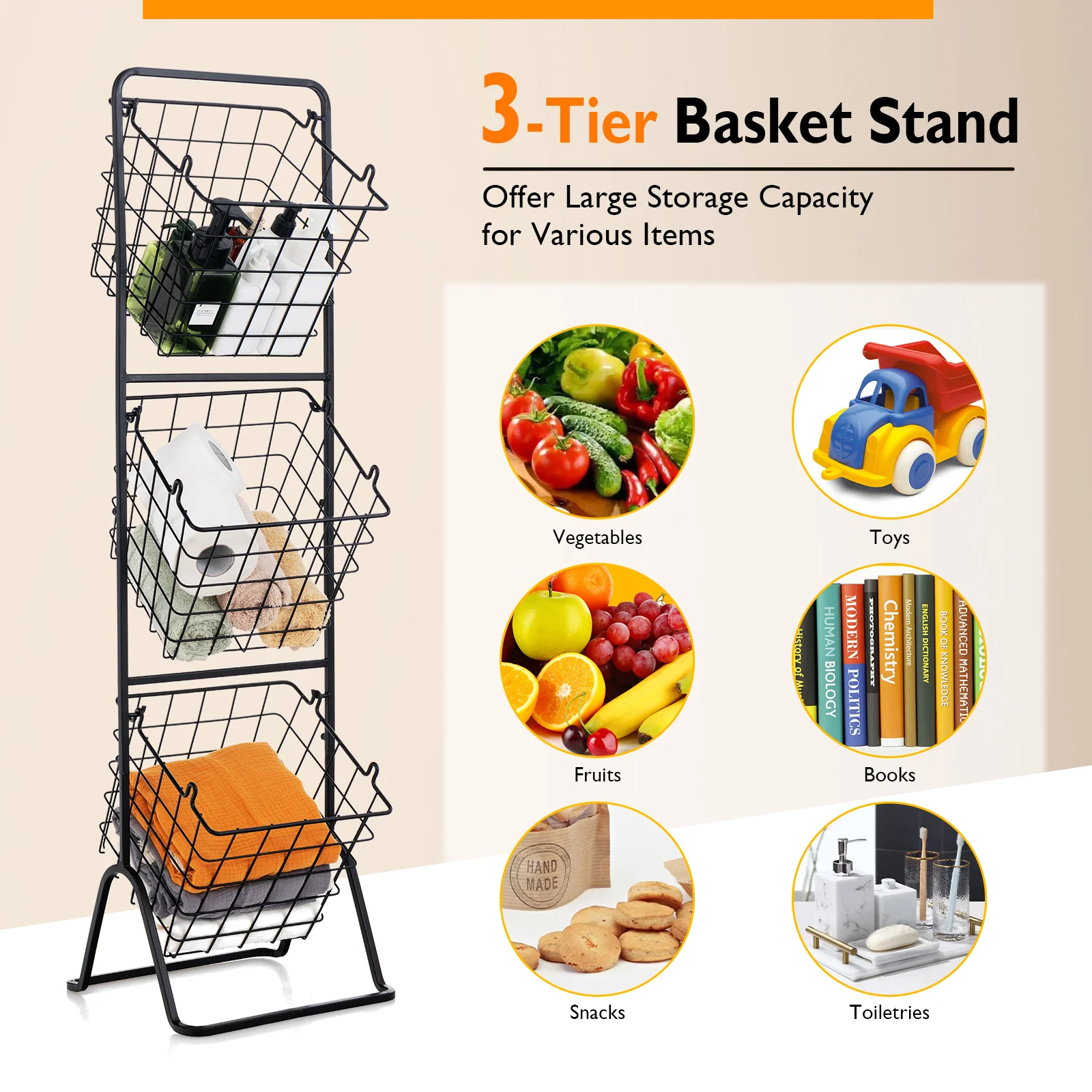 3-Tier Adjustable Fruit Basket Stand, Black - Image 9