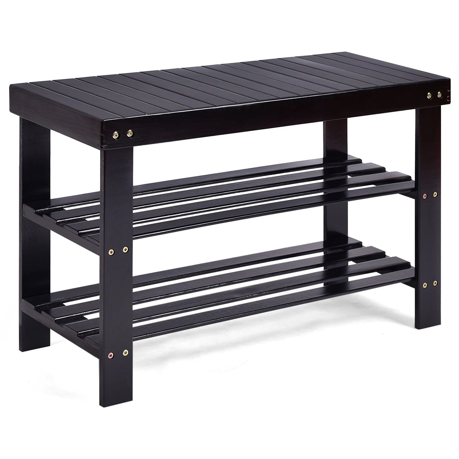 3 Tier Bamboo Bench Storage Shoe Shelf, Black - Image 4