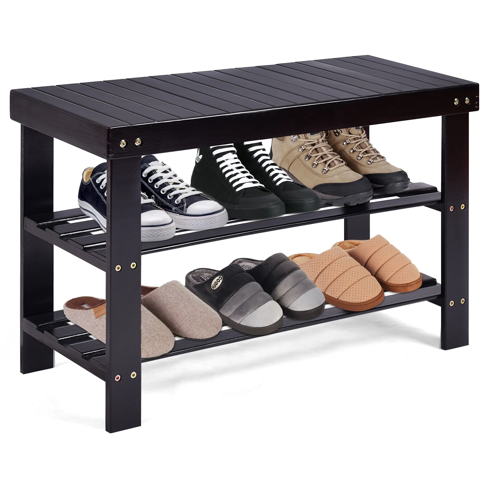 3 Tier Bamboo Bench Storage Shoe Shelf, Black - Image 5