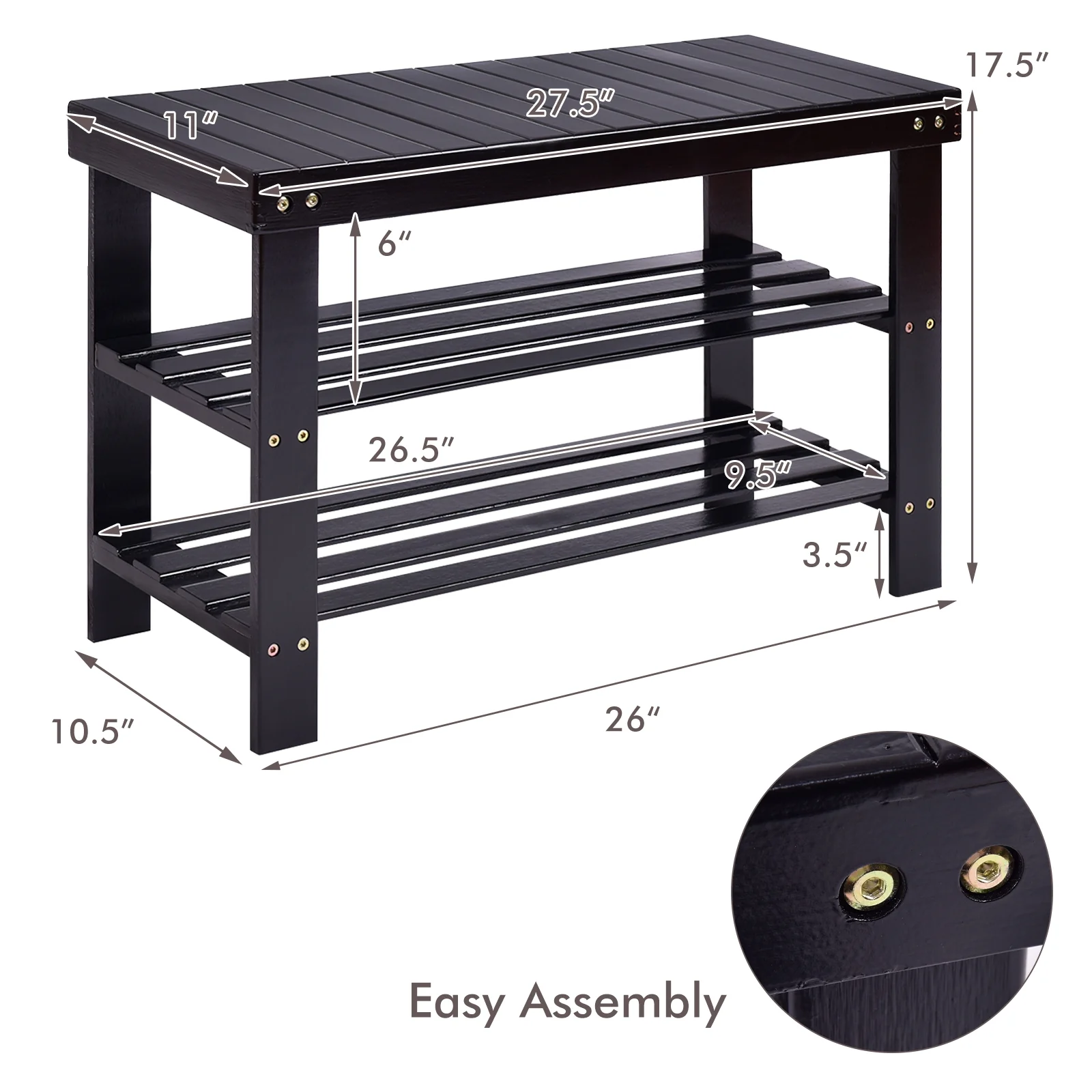 3 Tier Bamboo Bench Storage Shoe Shelf, Black - Image 6