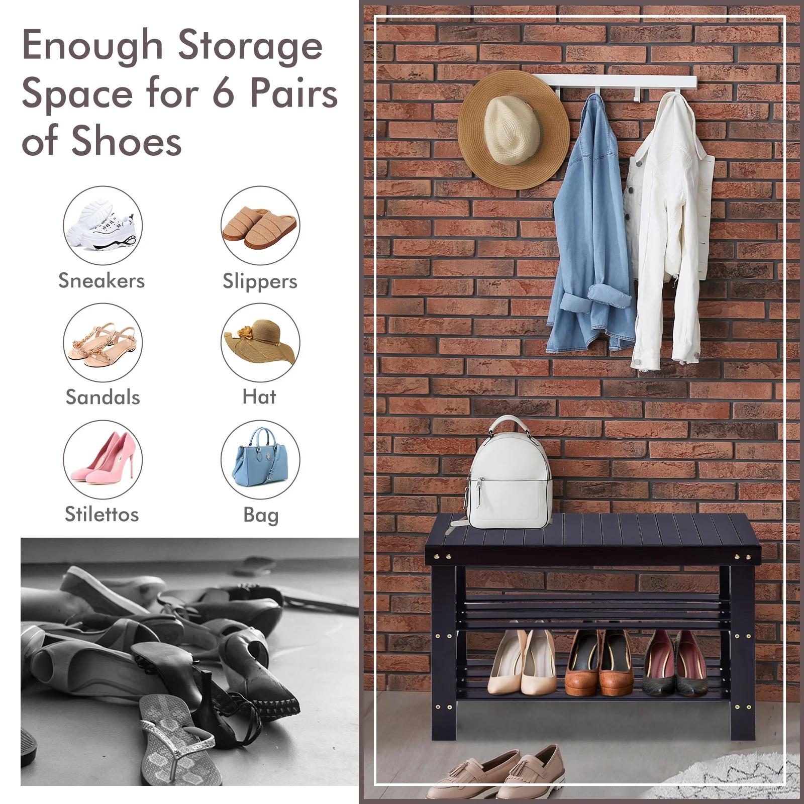 3 Tier Bamboo Bench Storage Shoe Shelf, Black - Image 8