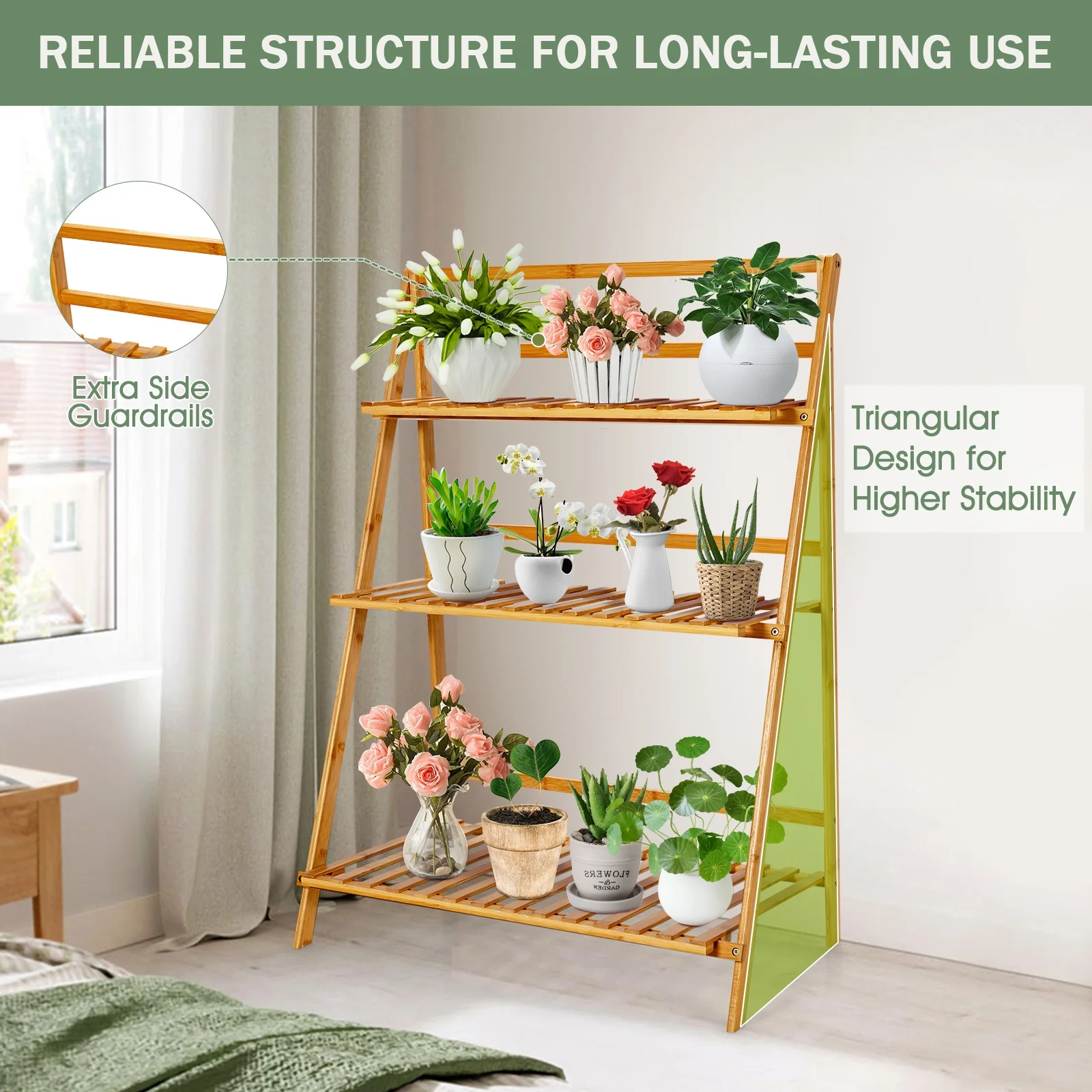 3-Tier Bamboo Foldable Plant Stand, Display Shelf Rack, Natural - Image 10