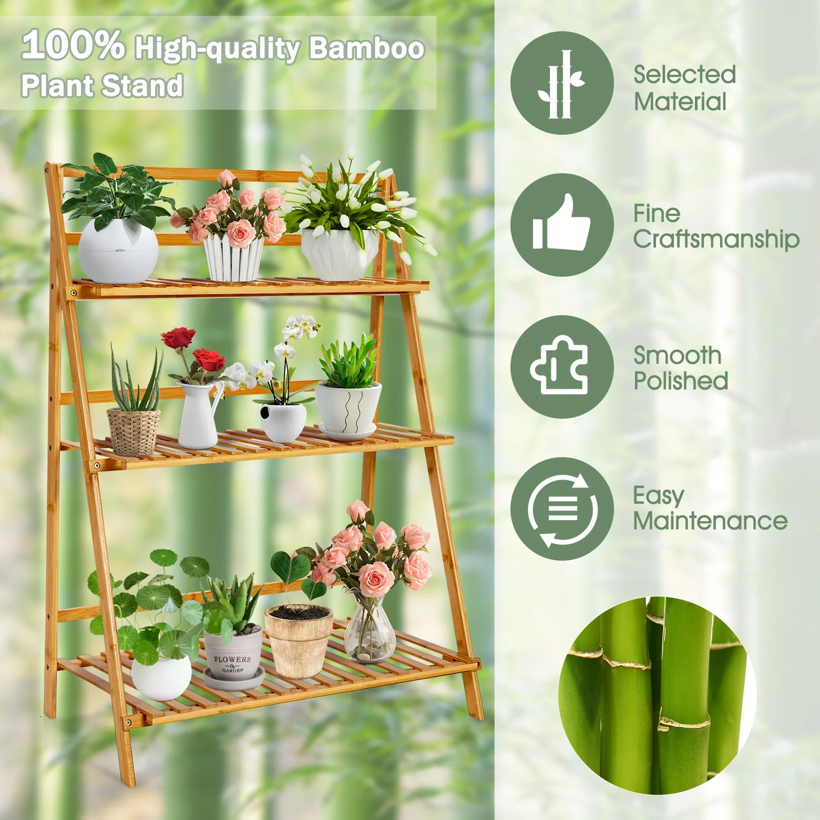 3-Tier Bamboo Foldable Plant Stand, Display Shelf Rack, Natural - Image 3