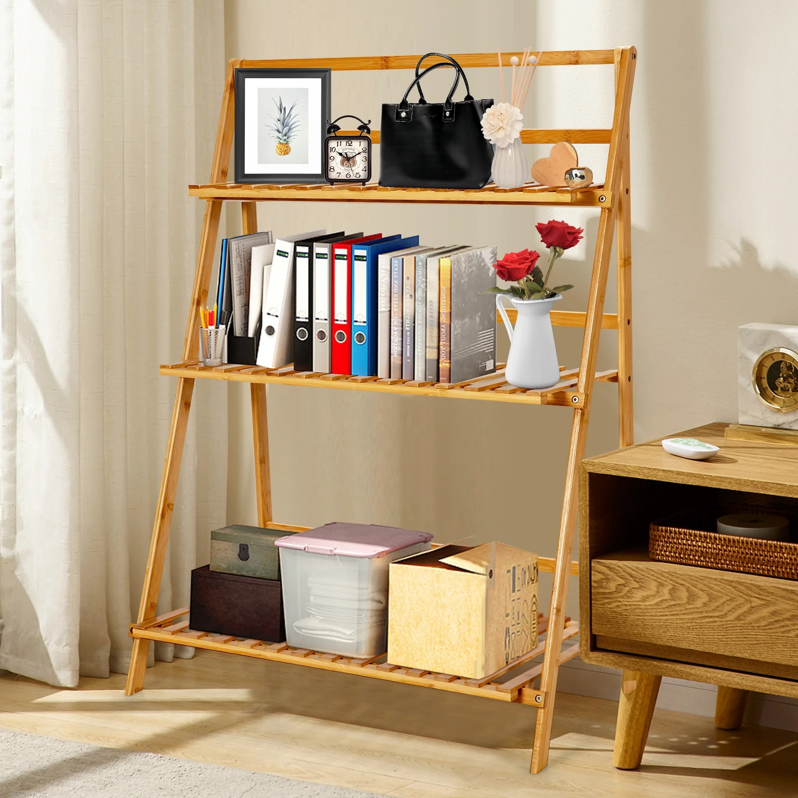 3-Tier Bamboo Foldable Plant Stand, Display Shelf Rack, Natural - Image 7