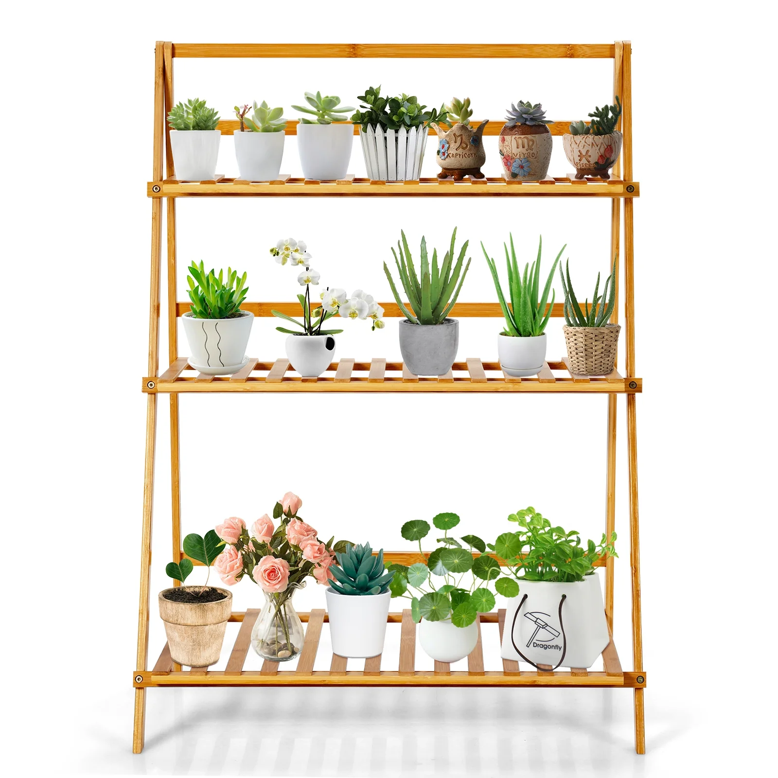 3-Tier Bamboo Foldable Plant Stand, Display Shelf Rack, Natural - Image 9