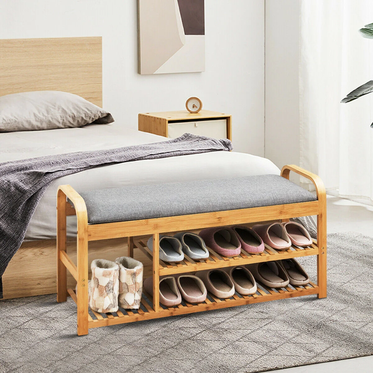 3-Tier Bamboo Shoe Rack Bench With Cushion, Natural - Image 2