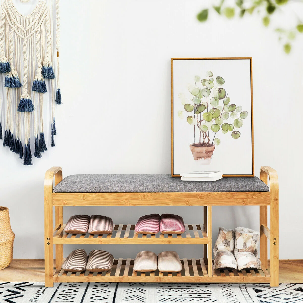3-Tier Bamboo Shoe Rack Bench With Cushion, Natural - Image 3