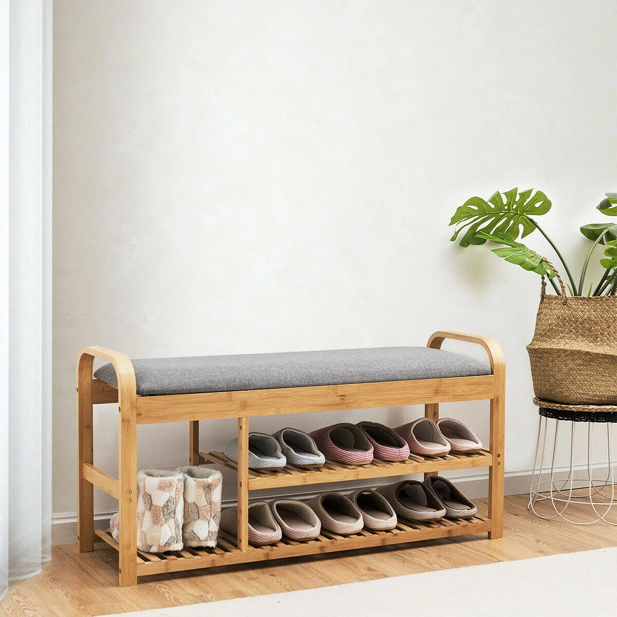 3-Tier Bamboo Shoe Rack Bench With Cushion, Natural - Image 9