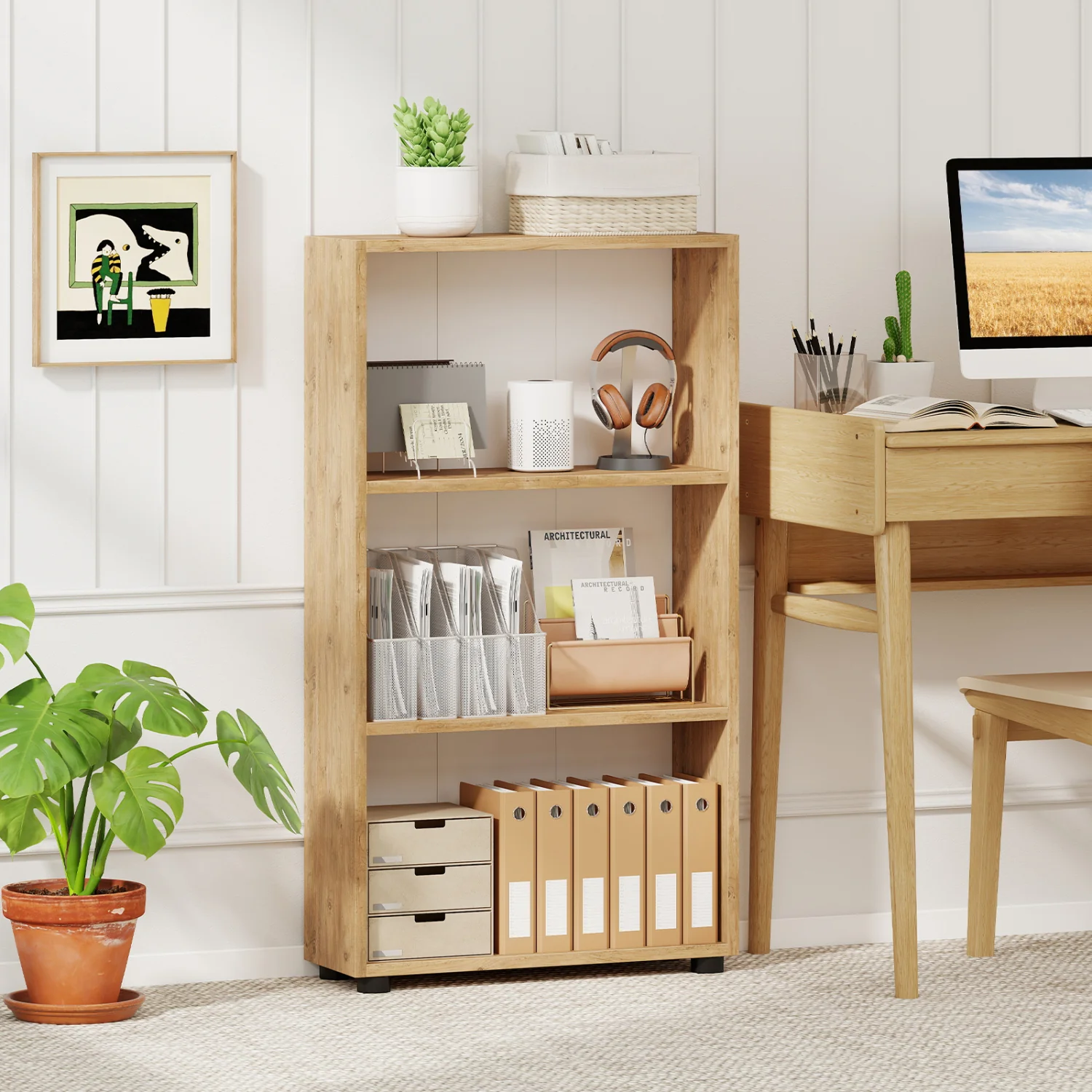 3-Tier Bookcase 42 inch Tall Book Shelf with Anti-Tipping Kit, Brown - Image 2