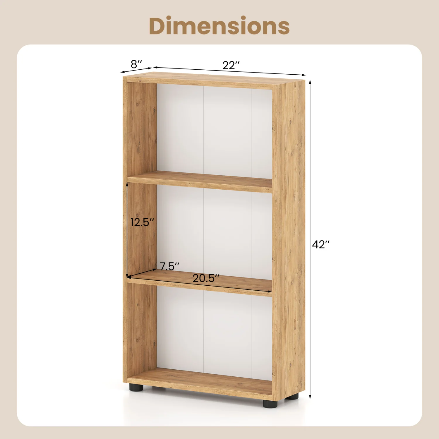 3-Tier Bookcase 42 inch Tall Book Shelf with Anti-Tipping Kit, Brown - Image 6