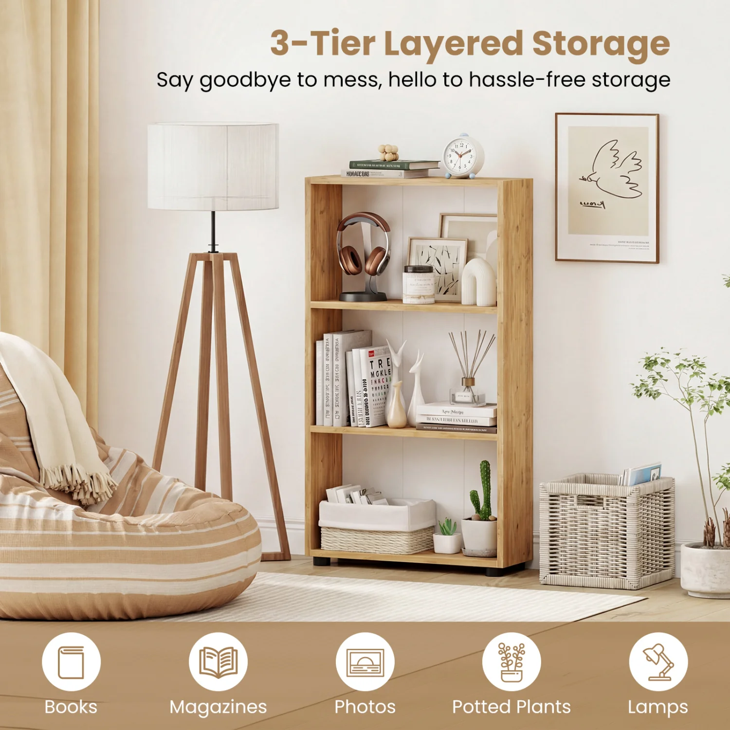 3-Tier Bookcase 42 inch Tall Book Shelf with Anti-Tipping Kit, Brown - Image 7