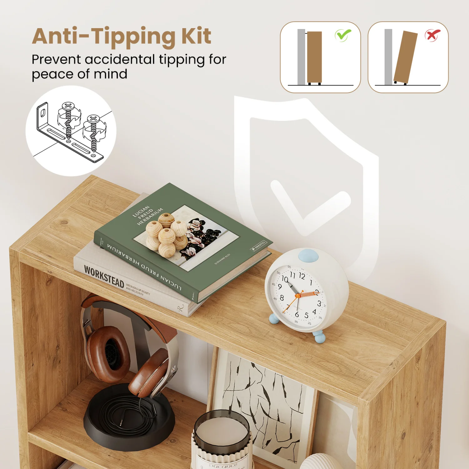 3-Tier Bookcase 42 inch Tall Book Shelf with Anti-Tipping Kit, Brown - Image 8