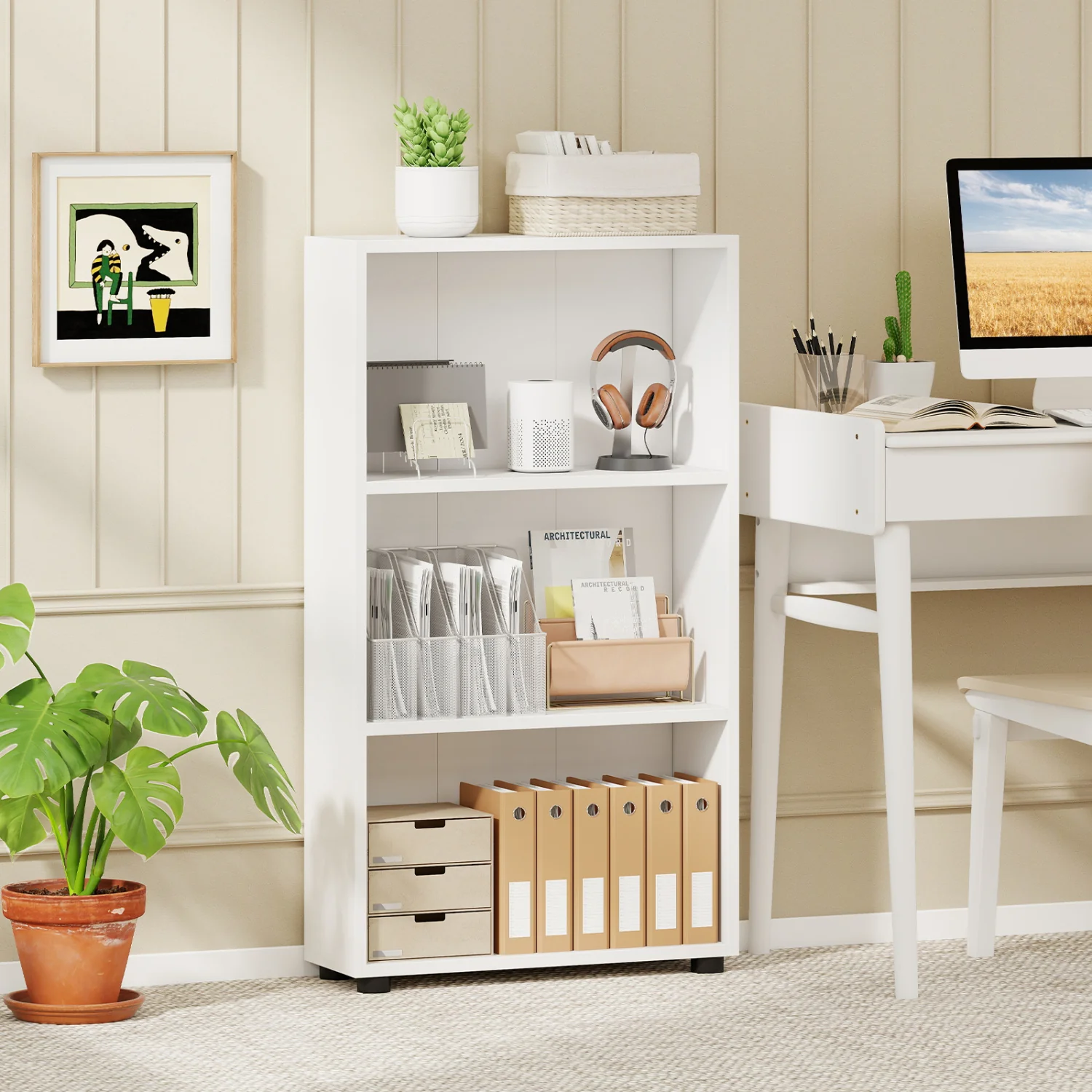 3-Tier Bookcase 42 inch Tall Book Shelf with Anti-Tipping Kit, White - Image 3