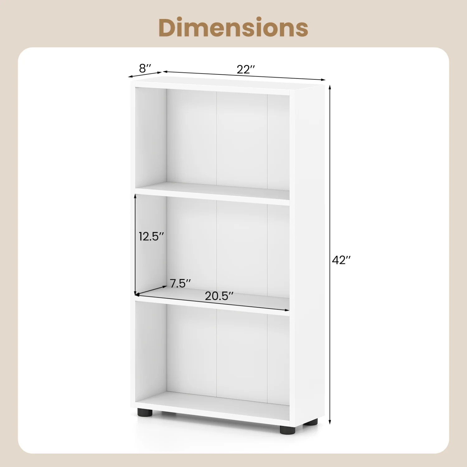 3-Tier Bookcase 42 inch Tall Book Shelf with Anti-Tipping Kit, White - Image 6