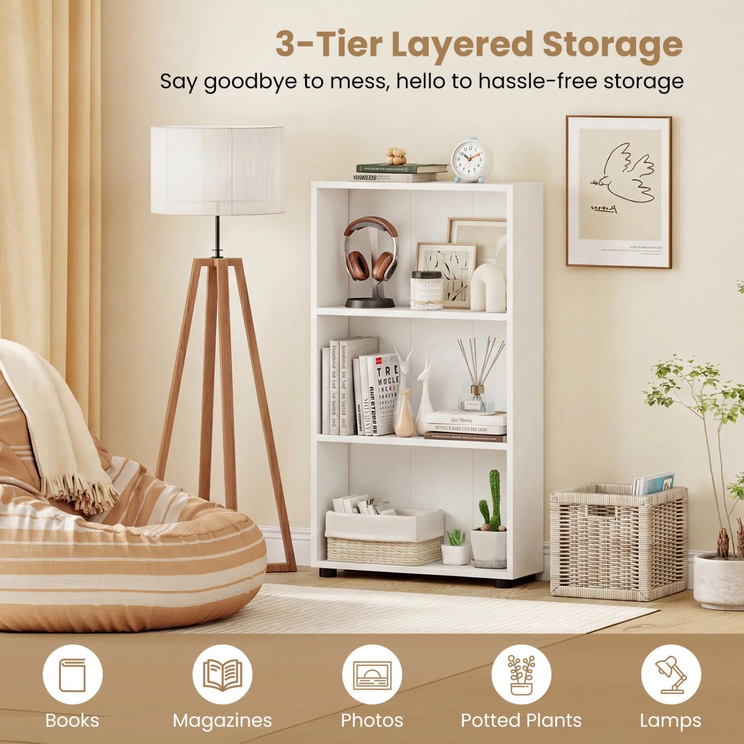 3-Tier Bookcase 42 inch Tall Book Shelf with Anti-Tipping Kit, White - Image 7