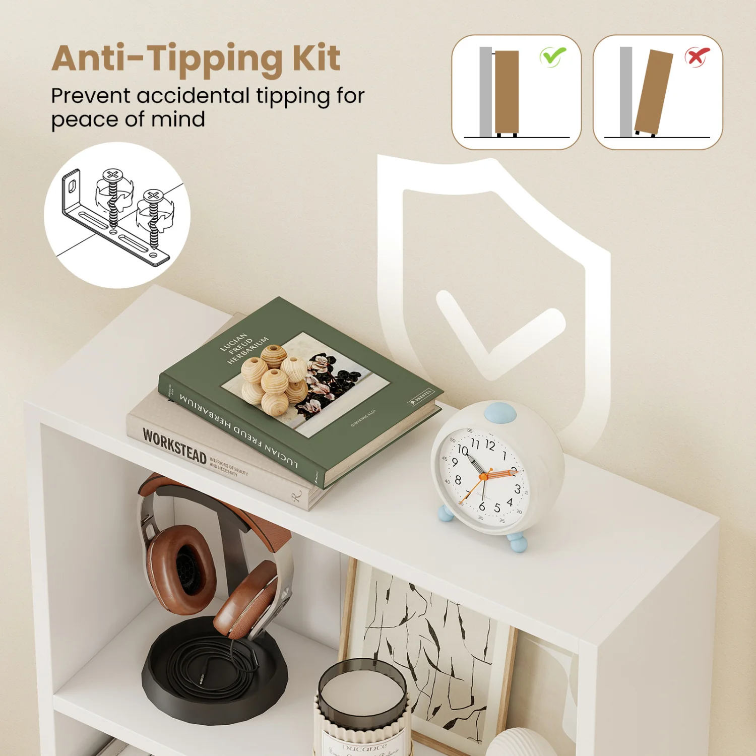 3-Tier Bookcase 42 inch Tall Book Shelf with Anti-Tipping Kit, White - Image 8