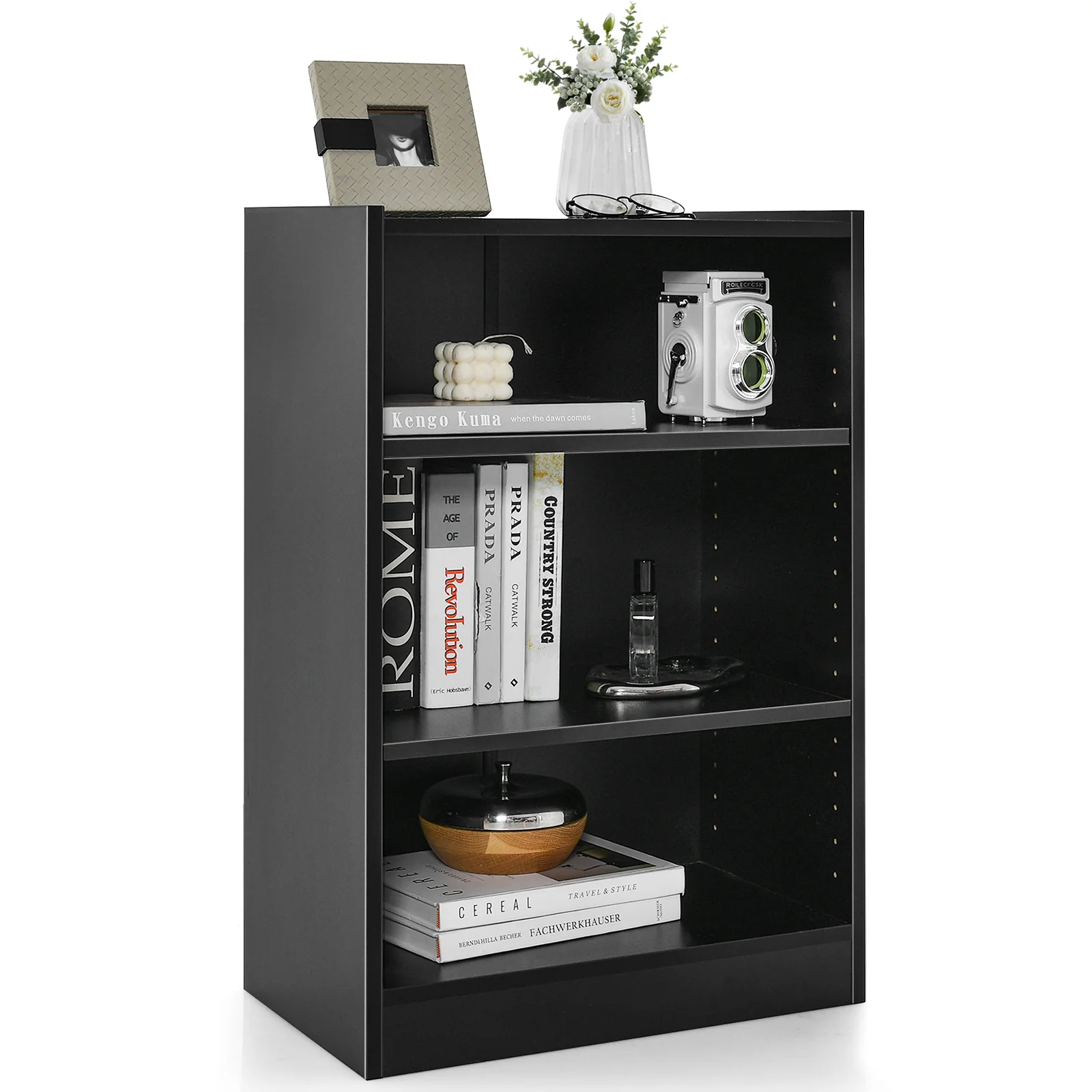 3-Tier Bookcase, Adjustable Shelves, Black