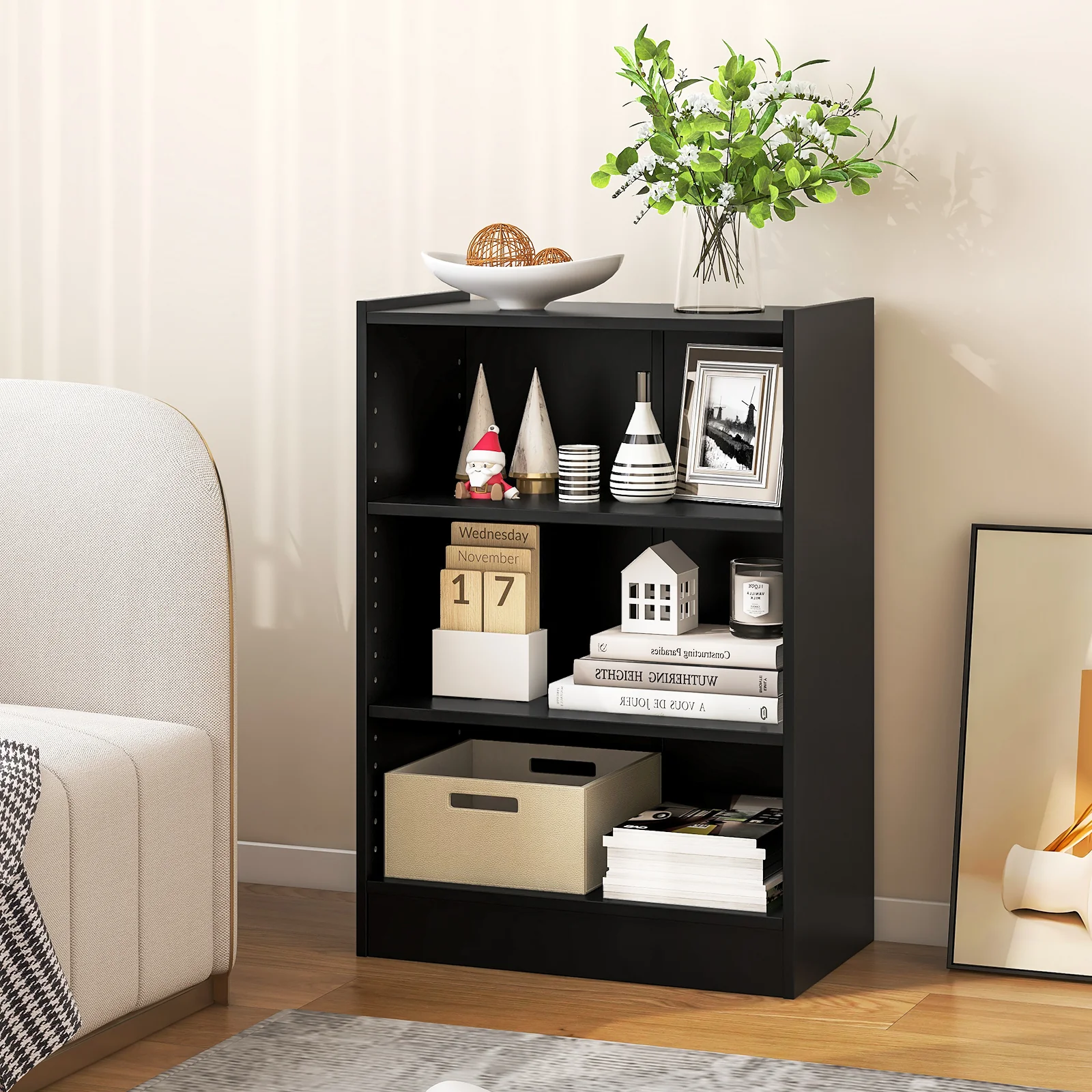 3-Tier Bookcase, Adjustable Shelves, Black - Image 2