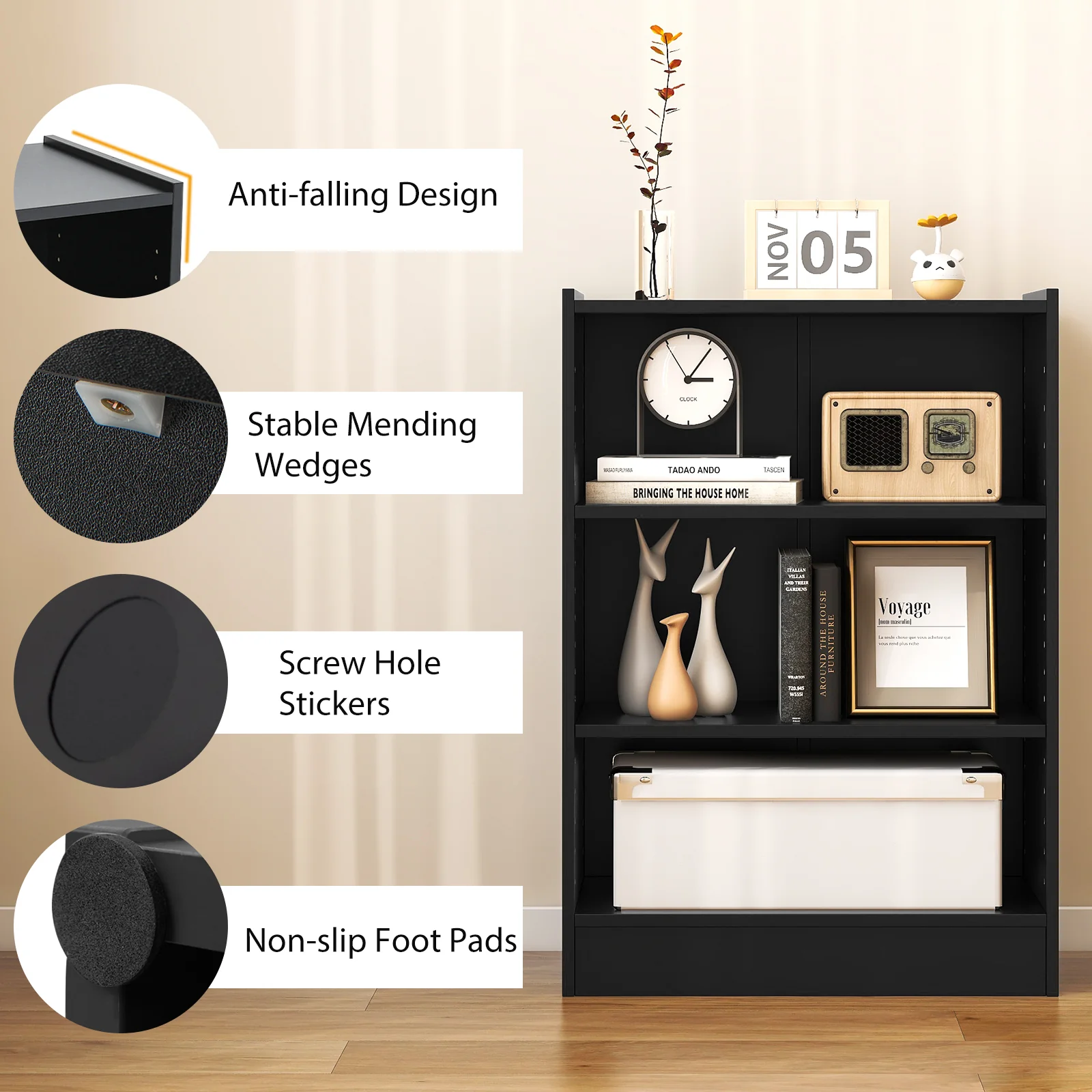 3-Tier Bookcase, Adjustable Shelves, Black - Image 8