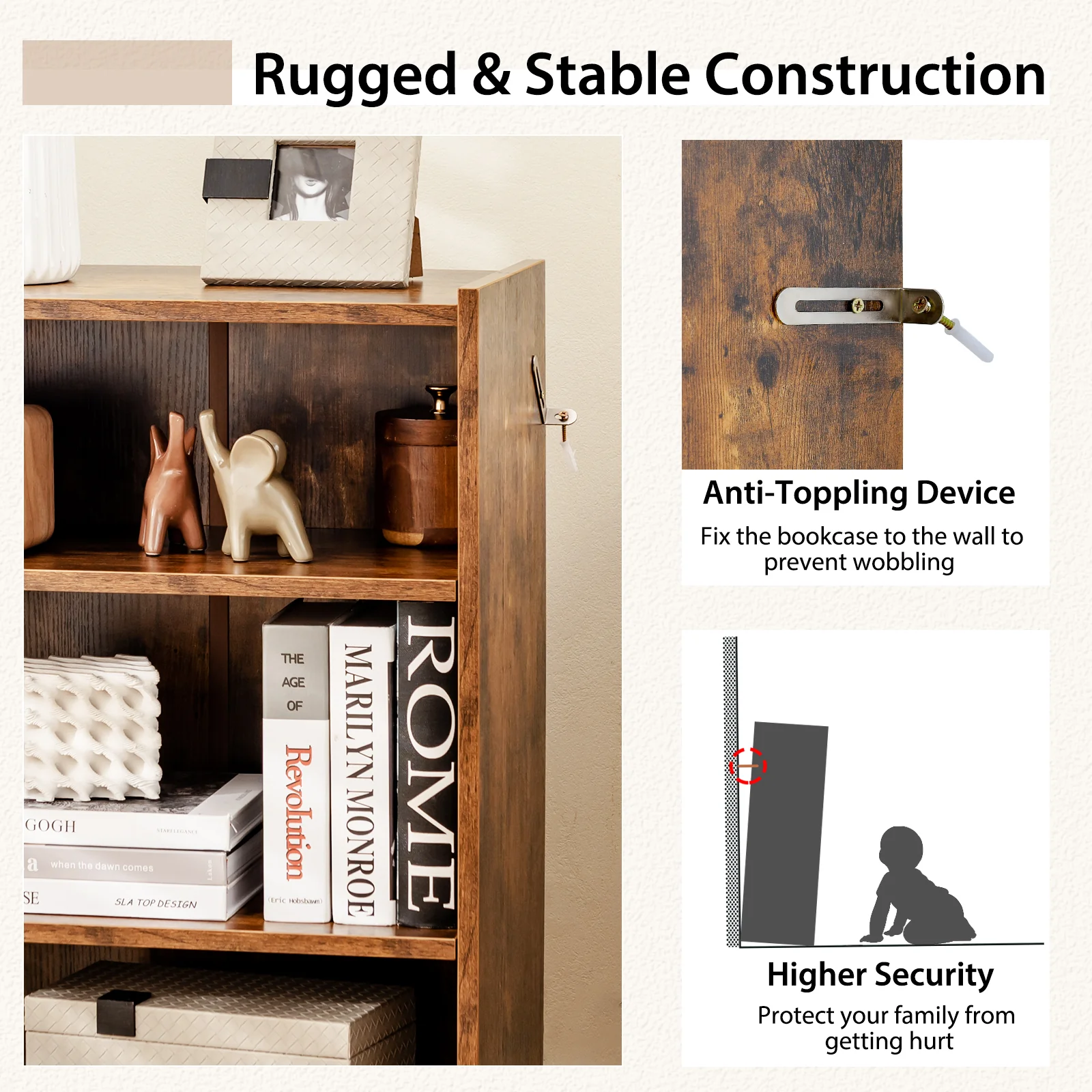 3-Tier Bookcase, Adjustable Shelves, Rustic Brown - Image 10