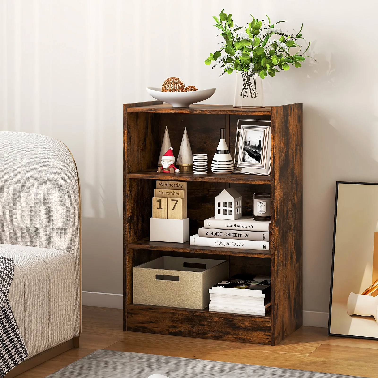 3-Tier Bookcase, Adjustable Shelves, Rustic Brown - Image 3