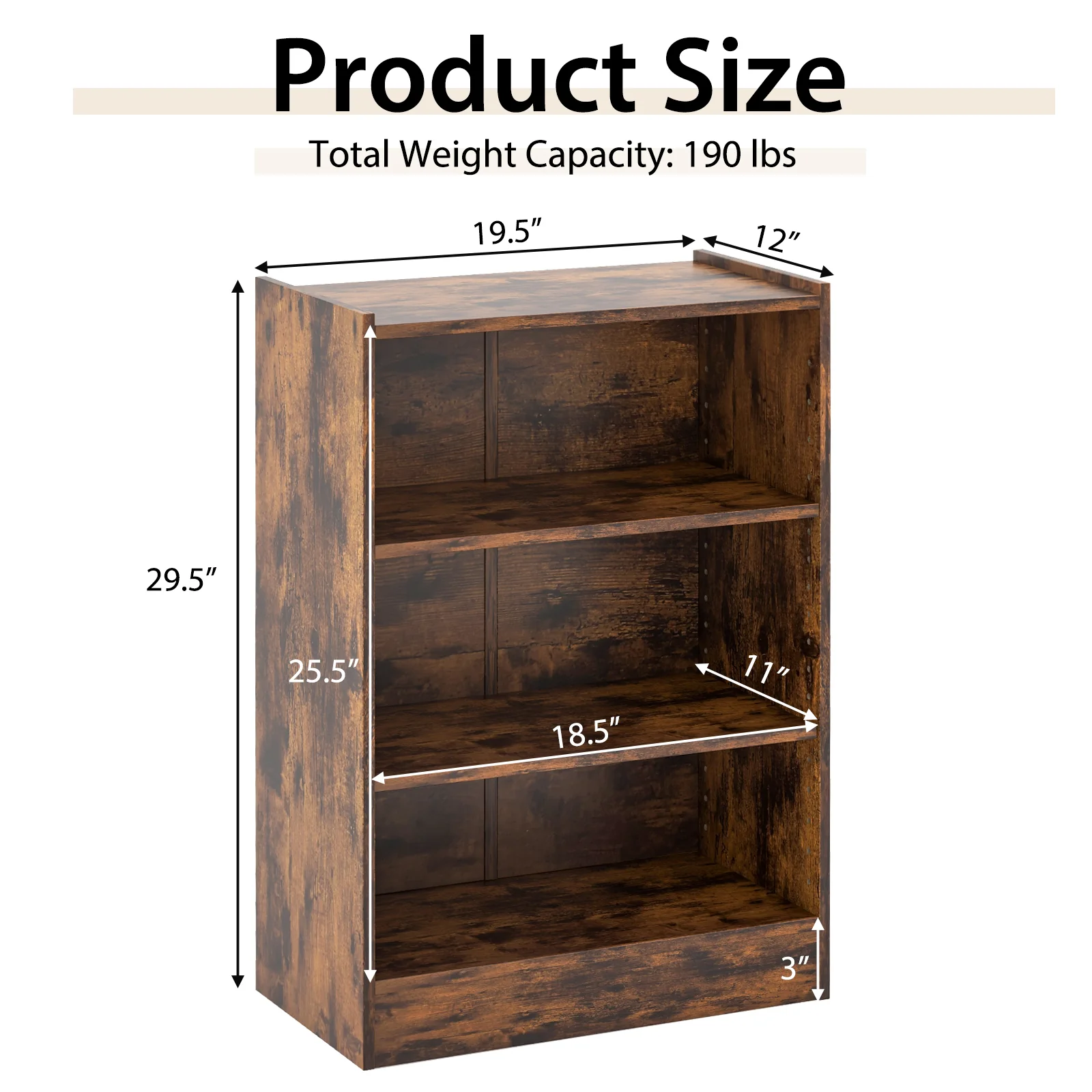 3-Tier Bookcase, Adjustable Shelves, Rustic Brown - Image 6