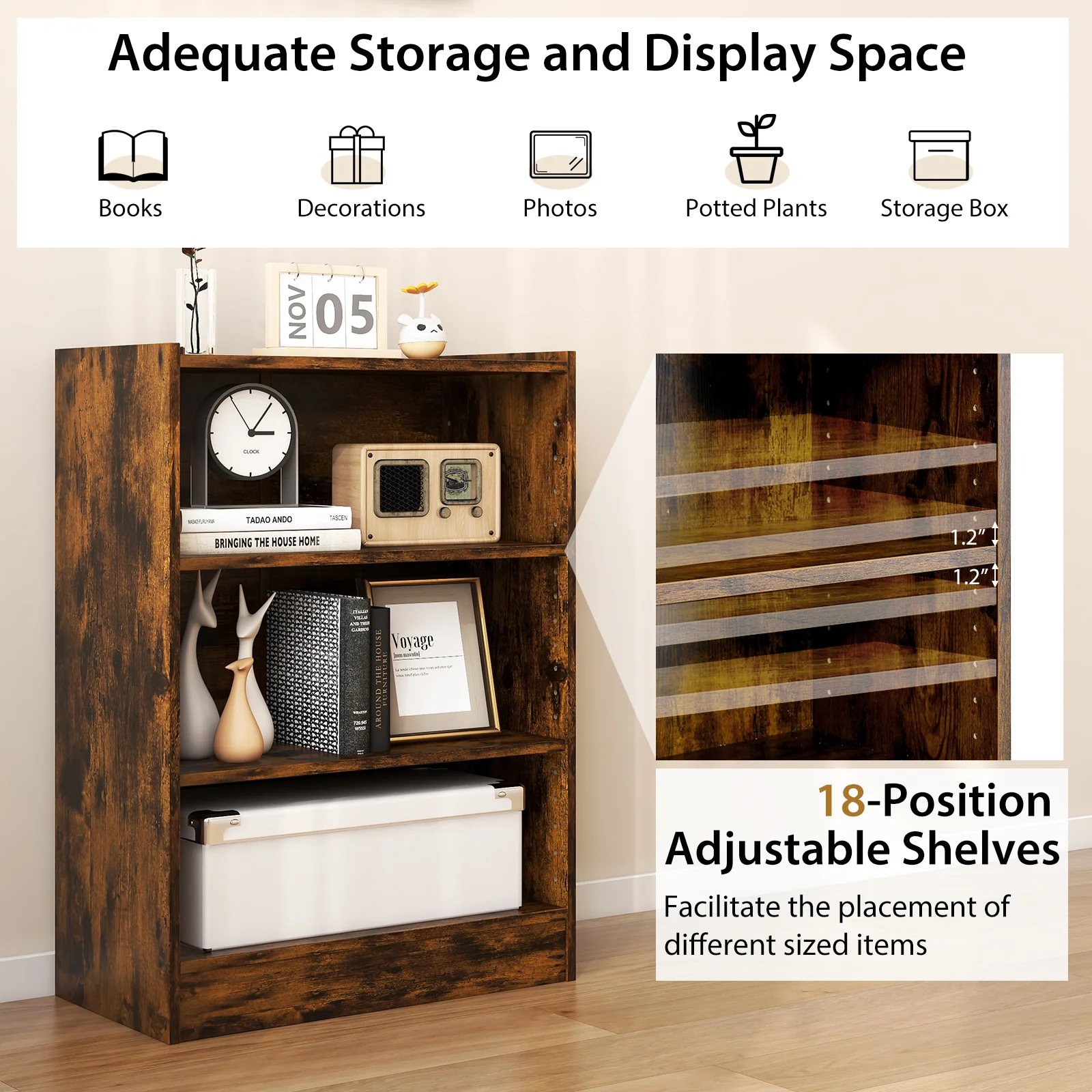 3-Tier Bookcase, Adjustable Shelves, Rustic Brown - Image 8