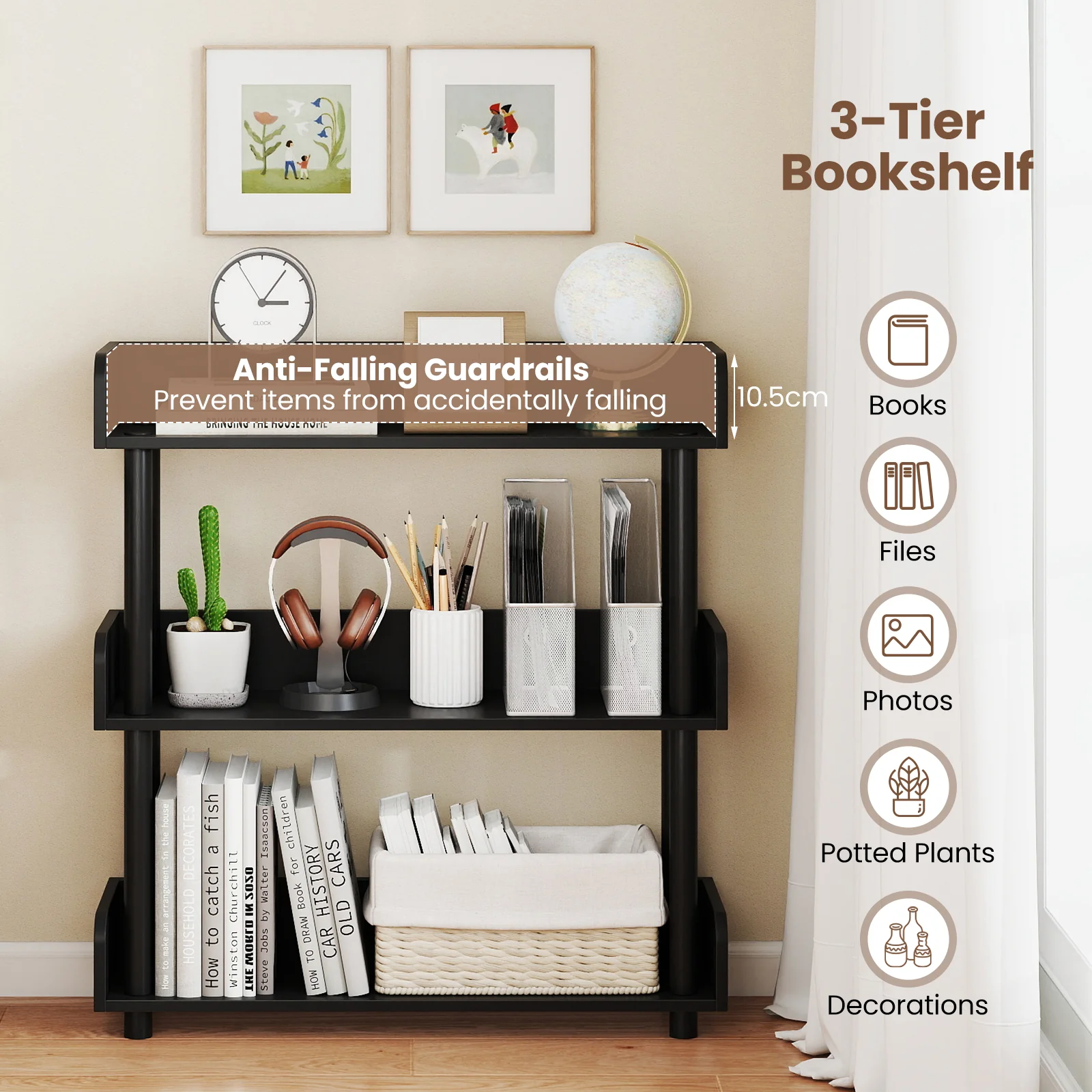 3-Tier Bookshelf with Anti-Tipping Kit and Industrial Storage Unit for Living Room, Black - Image 10