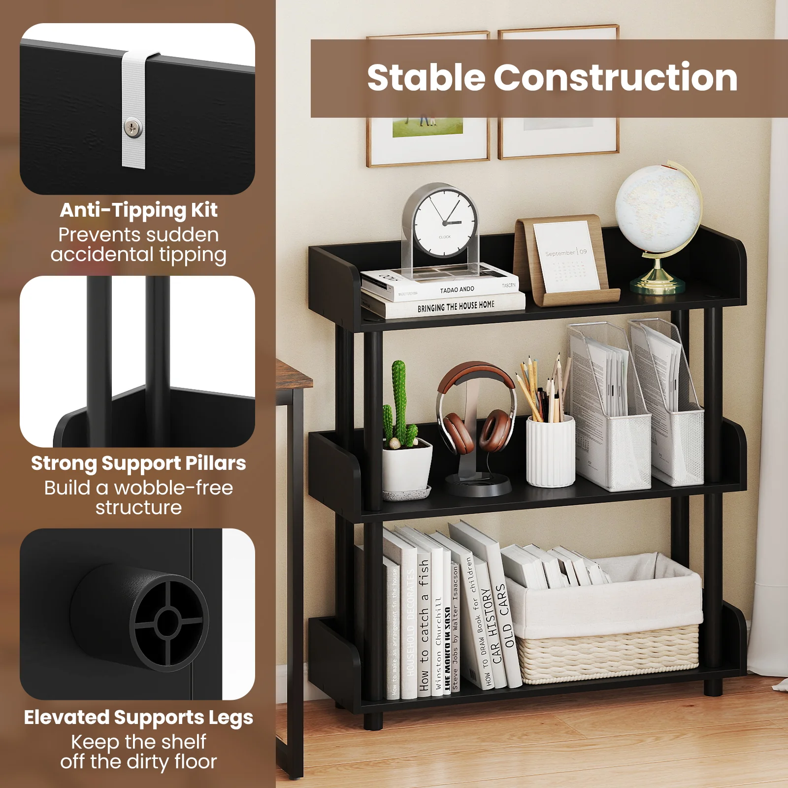 3-Tier Bookshelf with Anti-Tipping Kit and Industrial Storage Unit for Living Room, Black - Image 8