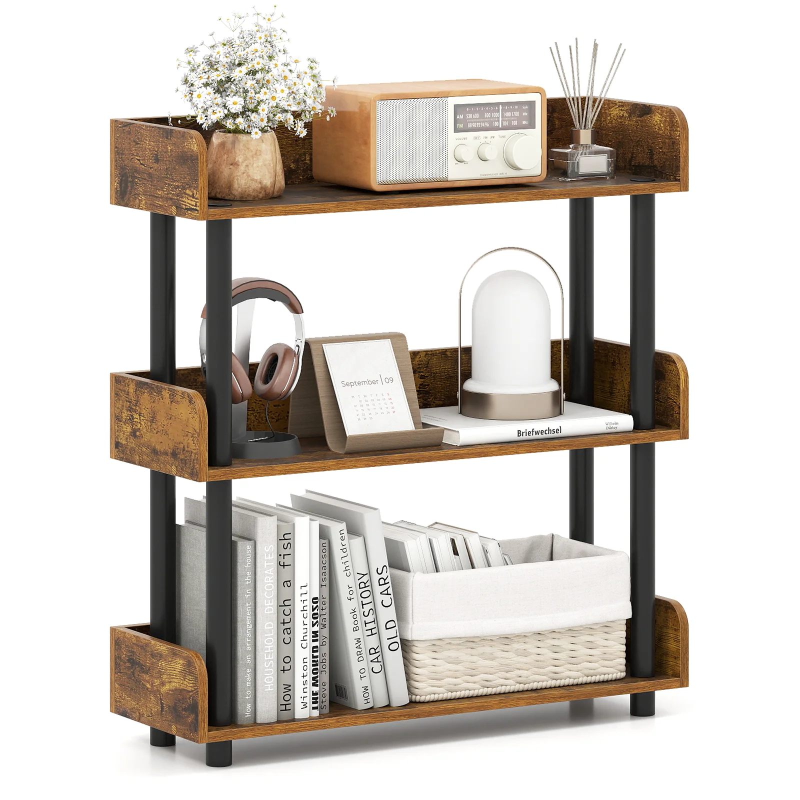 3-Tier Bookshelf with Anti-Tipping Kit and Industrial Storage Unit for Living Room, Rustic Brown
