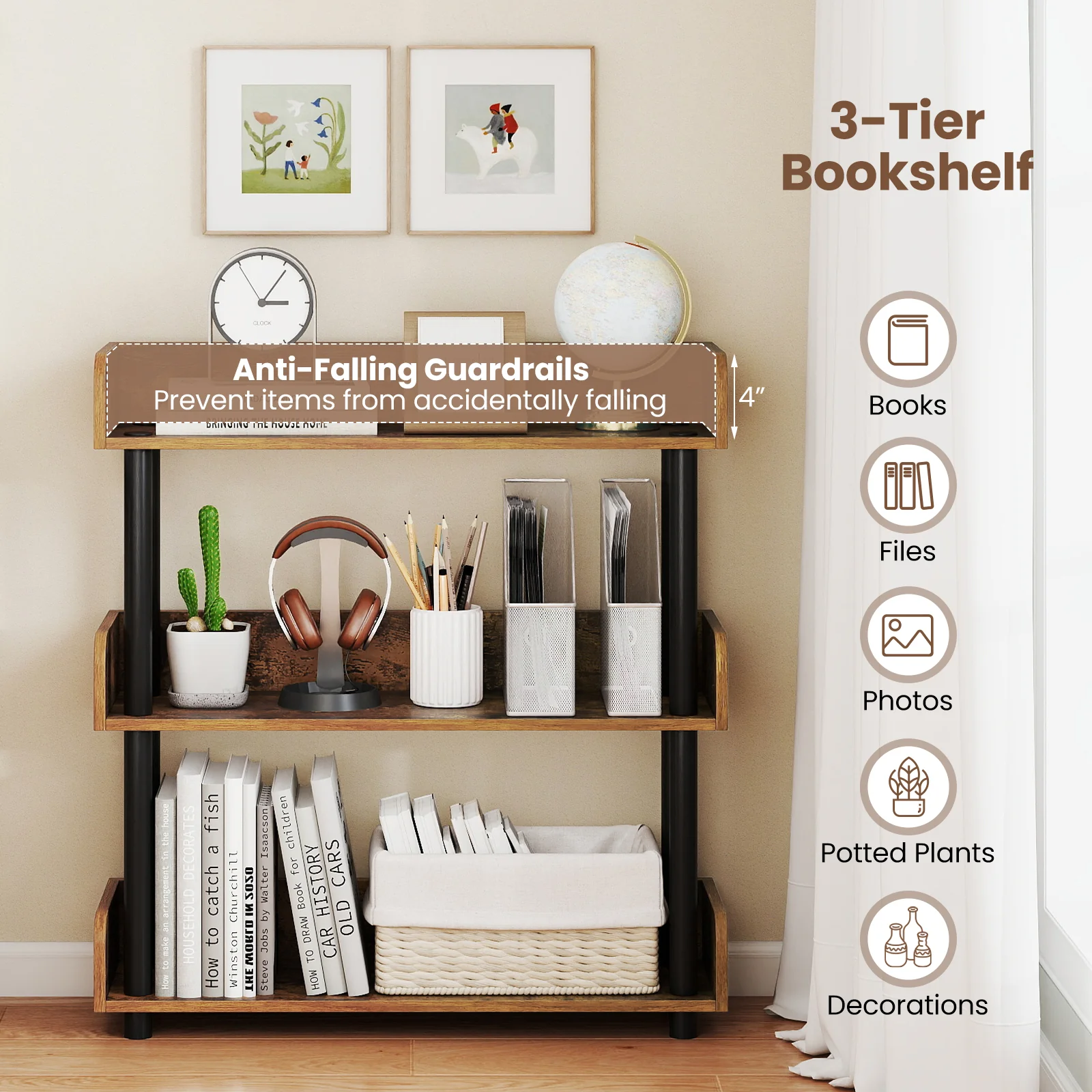 3-Tier Bookshelf with Anti-Tipping Kit and Industrial Storage Unit for Living Room, Rustic Brown - Image 10