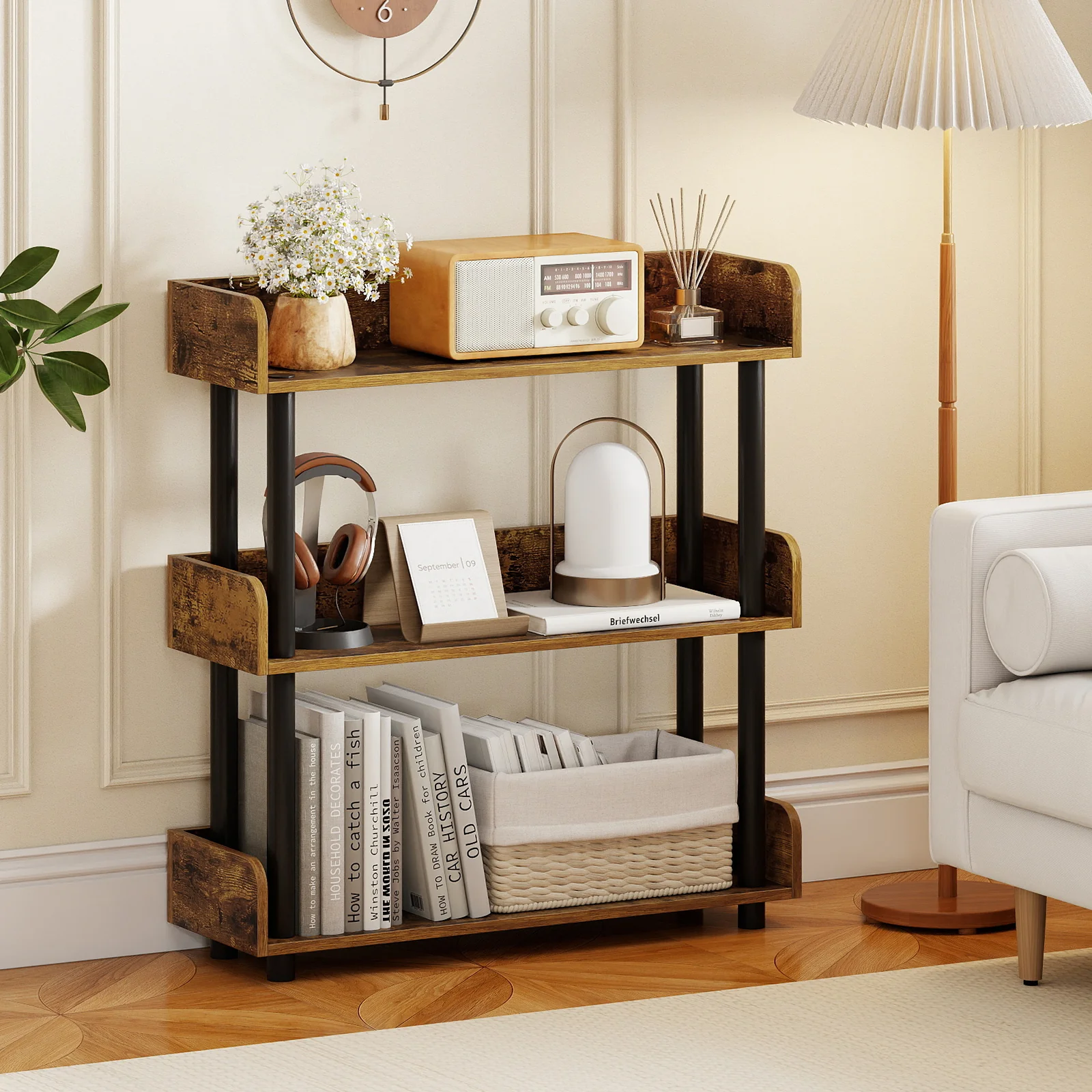 3-Tier Bookshelf with Anti-Tipping Kit and Industrial Storage Unit for Living Room, Rustic Brown - Image 2