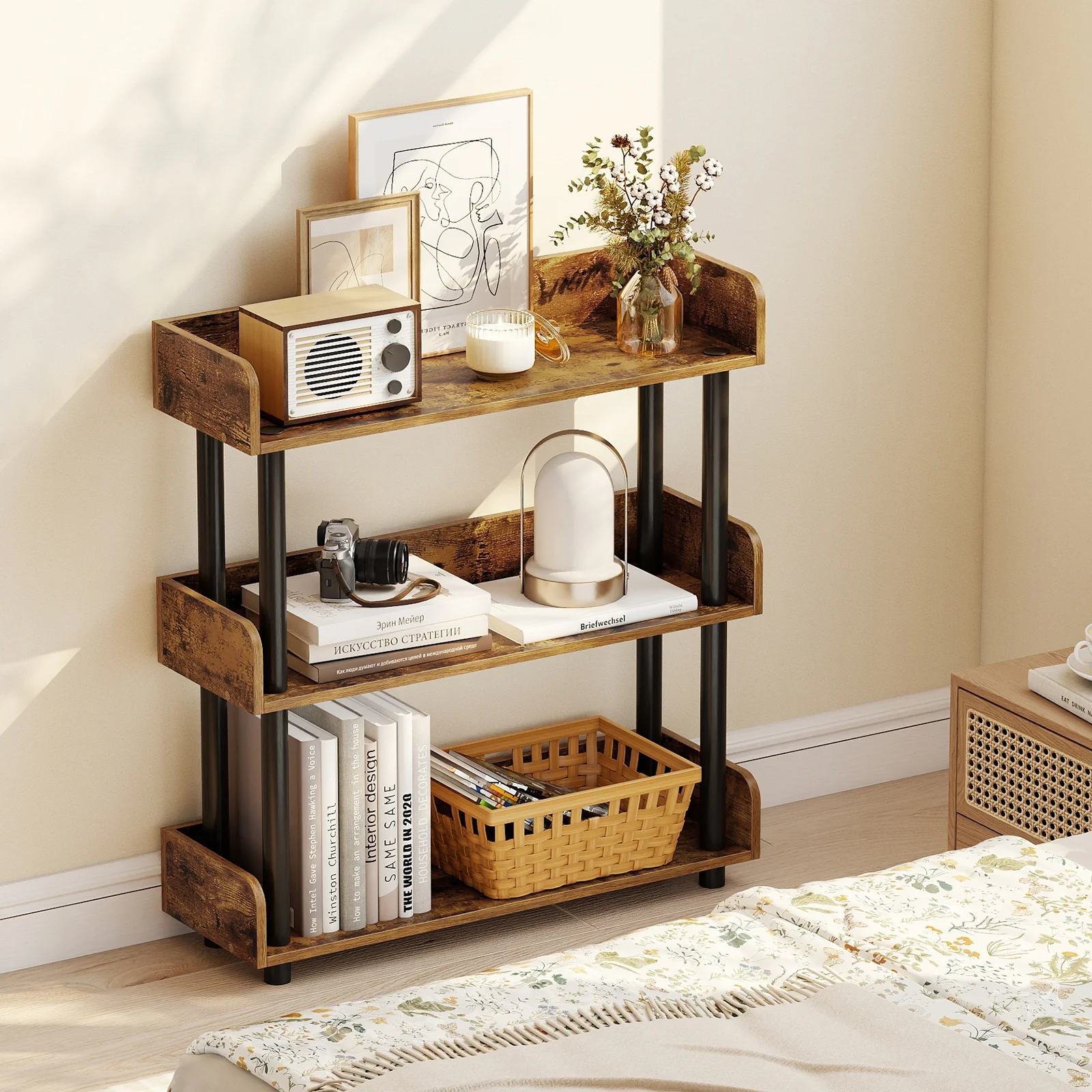 3-Tier Bookshelf with Anti-Tipping Kit and Industrial Storage Unit for Living Room, Rustic Brown - Image 3