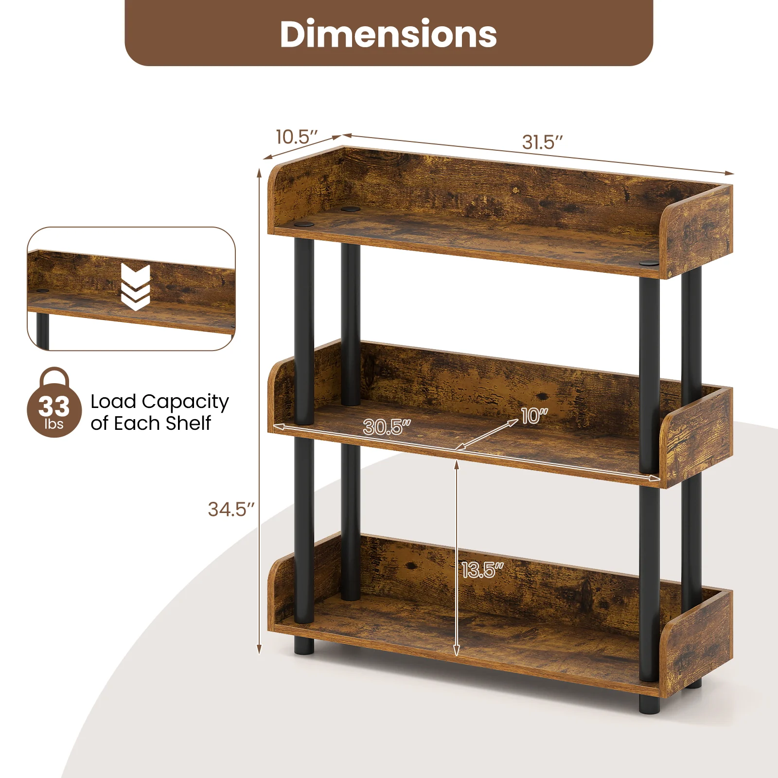 3-Tier Bookshelf with Anti-Tipping Kit and Industrial Storage Unit for Living Room, Rustic Brown - Image 6