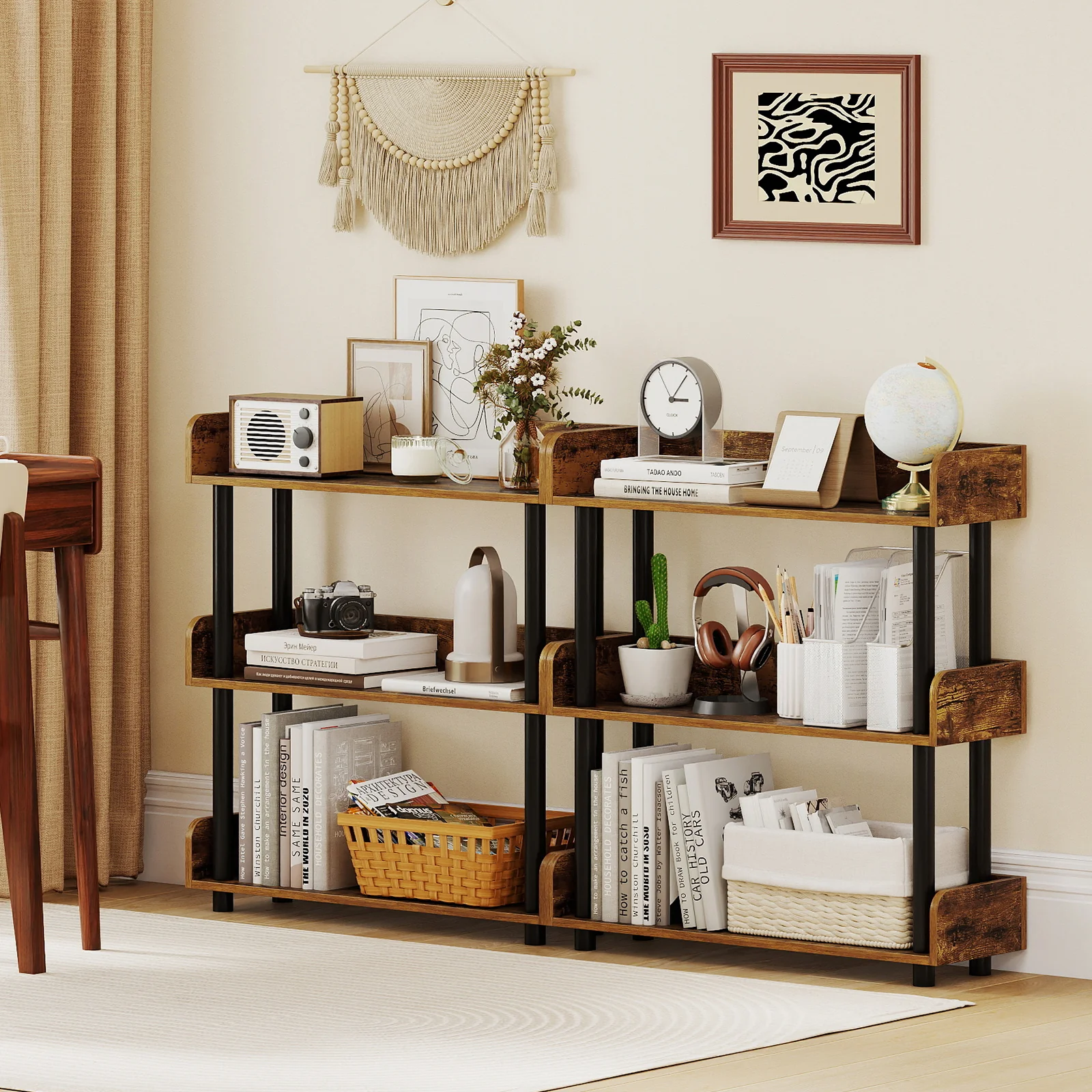 3-Tier Bookshelf with Anti-Tipping Kit and Industrial Storage Unit for Living Room, Rustic Brown - Image 7